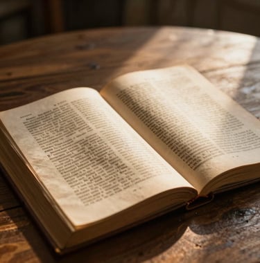 A sophisticated close-up of an open ancient text on a wooden table, illuminated by a warm golden light beam. Global / Western.