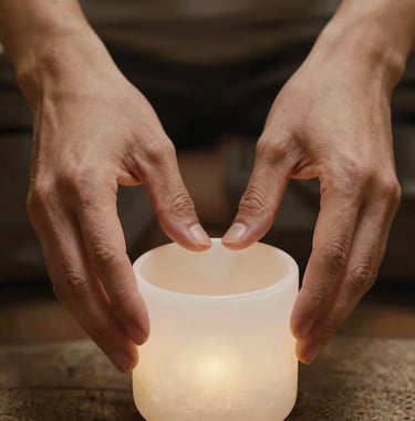 Close up of a person's hands performing a reiki energy session over a white crystal. Ethereal golden lighting. Global / Western.
