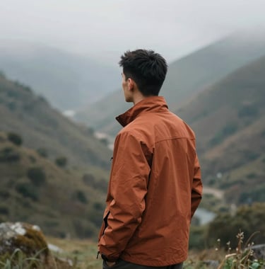 A vertical shot of a traveler looking out over a misty valley, wearing an earthy terracotta #A1775E jacket. Elegant and natural composition.