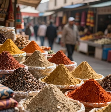 A vertical photo of a local market in a foreign city, focusing on colorful spices and textiles. The warm palette includes #D3B386 and #A1775E, captured with natural sunlight.