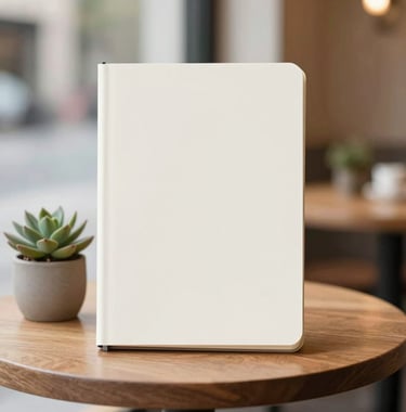 A cozy café corner with a small notebook and a succulent plant. Minimalist and elegant with brand colors #F8F4EF and #4A3D36.