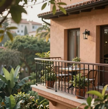 A boutique hotel balcony with a wrought-iron railing overlooking a lush garden. The building has earthy terracotta tones (#A1775E). Soft, inviting morning light filters through the leaves. Informal and inspiring travel vibes.