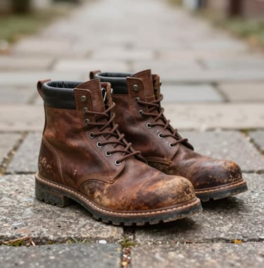 A detail shot of a pair of worn leather travel boots resting on a stone path. The textures are rich with #4A3D36 and #A1775E colors, representing the journey and the path taken.