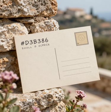 Close-up of a hand-written postcard on a rustic stone wall next to a small flowering plant. The background shows a soft-focus Mediterranean landscape. Incorporates warm earthy tones of #D3B386 and #A1775E for a personal touch.