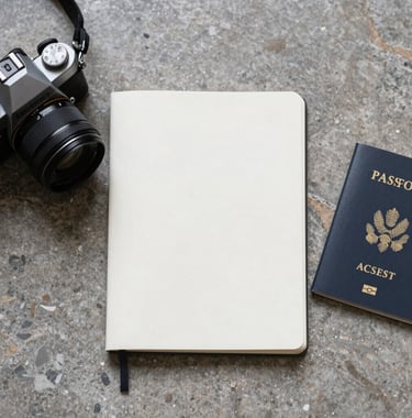A top-down shot of a traveler's essentials on a stone surface: a high-end camera, a minimalist notebook, and a passport. The palette is dominated by #FAF8F5 and #2C3539, exuding quiet luxury.