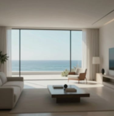 A luxury interior shot of a modern, open-plan space overlooking the ocean. Minimalist decor in #FAF8F5 and #DDCAB8 tones, with a focus on large windows and a sense of strategic freedom and calm authority.
