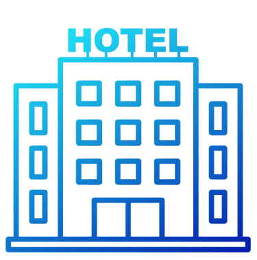 Hotel building with 'HOTEL' sign icon representing accommodation and hospitality services