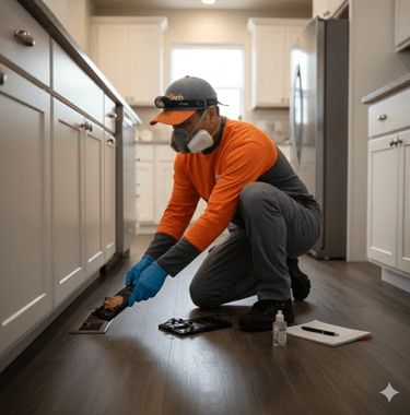 Professional pest control technician inspecting a floor vent in a kitchen while wearing protective gear.
