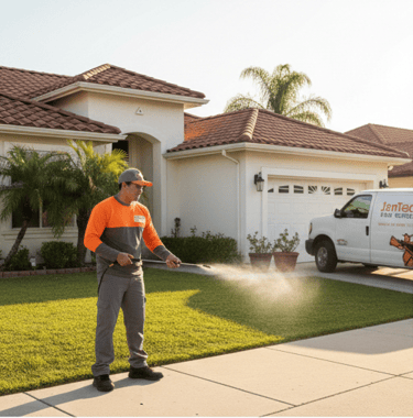 Professional pest control technician spraying a residential lawn and house perimeter.