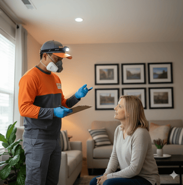 A pest professional with a respirator and headlamp consults with a homeowner during an inspection.
