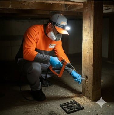 Professional pest control technician injecting termite treatment into a wooden support beam in a crawl space.