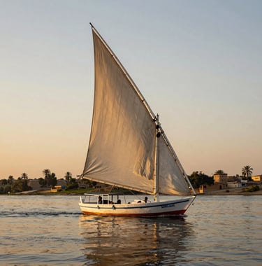 A luxury Dahabiya boat with alabaster white sails gliding peacefully on the Nile River in a North African / Egyptian landscape. The water reflects the warm antique gold hues of the setting sun.