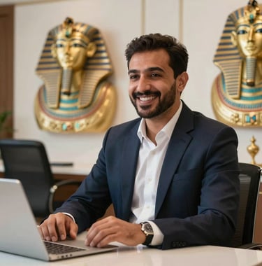 A professional North African / Egyptian travel consultant in a modern, luxury office with Pharaonic art pieces in the background. They are smiling warmly, representing high-end hospitality.