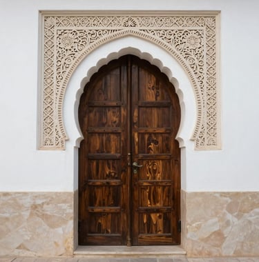 A classic Moroccan arched doorway in Tanger, made of dark espresso wood, framed by pearly off-white stone carving.