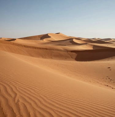 A vibrant landscape photograph of the Sahara desert under a clear sky. The sand dunes are a deep Warm Sand color, with long shadows in Espresso Brown. The composition is minimal and adventurous.