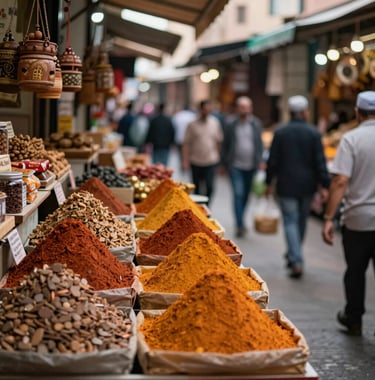 A bustling market scene in Tanger, captured with a shallow depth of field. Stalls are filled with spices in shades of terracotta brown and orange. The atmosphere is lively and rich in cultural detail.