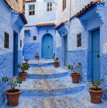 A vibrant photo of the blue streets of Chefchaouen, showing the soft blue walls and terracotta brown potted plants. The light is bright and inviting, showcasing the clean and peaceful atmosphere.