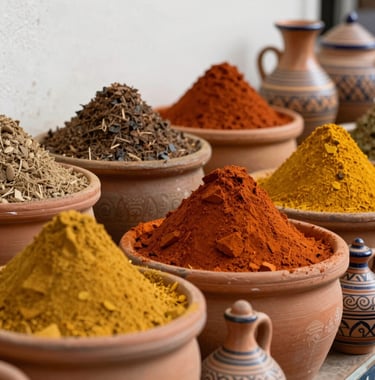 A close-up shot of Moroccan spices and handcrafted ceramics in a market. The Muted Terracotta pots are filled with colorful powders, set against an Almond White background, captured with soft natural light.