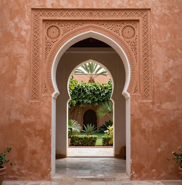 A vertical photo of a luxury Riad interior in Marrakech. Focus on a Muted Terracotta wall with intricate plasterwork and an Almond White archway leading to a lush garden.