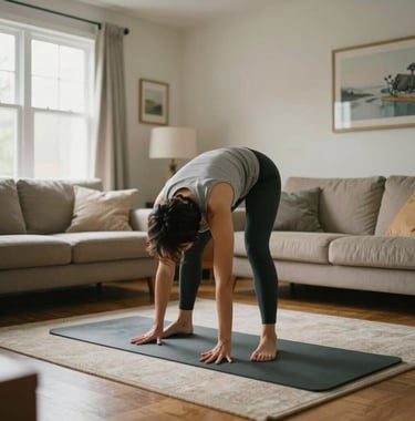 A photograph of a person in a bright North American living room practicing a gentle morning stretch. The atmosphere is calm and focused on simple, accessible well-being.