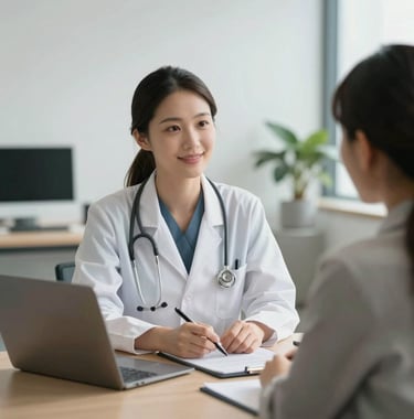 A professional and compassionate health consultant in a clean, modern North American office, listening intently to a client during a consultation. The lighting is soft and inviting.