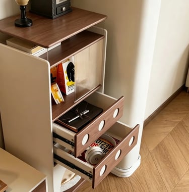 Compact cat storage cabinet with drawers and a hidden pet area, designed to organize cat essentials 