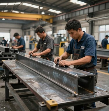 Interior of a large-scale metal fabrication plant in the US showing expert craftsmen assembling custom steel components. The atmosphere is professional and orderly, featuring a palette of dark grey, slate blue, and industrial gold.