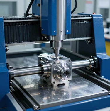 A high-tech CNC machining station in operation within a North American / US plant. Steel blue and metallic silver surfaces are illuminated by cool white lights, showing a high-precision metal alloy component being finished with extreme accuracy.