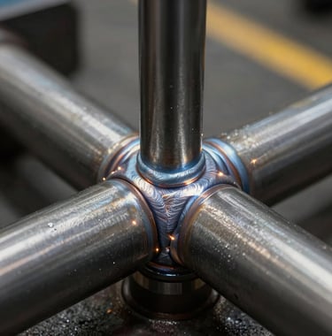 A high-detail macro shot of a clean, industrial weld on a heavy metal joint. The craftsmanship is evident, with sparks kept minimal, showing a professional North American manufacturing finish.