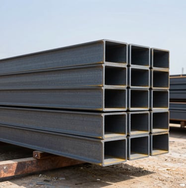 A stack of high-strength structural steel I-beams ready for an infrastructure project, photographed at an outdoor yard in the US. The steel shows a dark grey professional finish under clear, bright daylight.