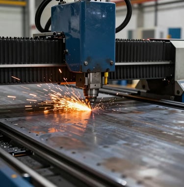 An action photograph of a precision CNC laser cutting through heavy plate steel in an American factory. Bright orange sparks contrast with the dark charcoal and navy industrial machinery.