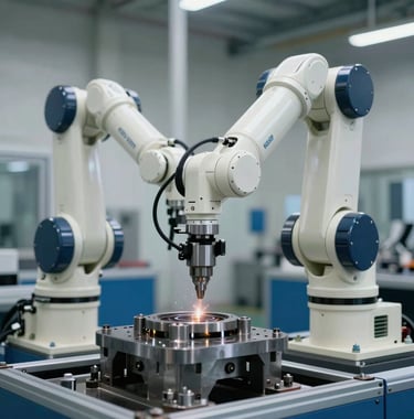Photography of a high-tech robotic arm performing automated fabrication on a steel component in a modern factory setting. The clean, off-white and steel blue environment highlights Vanguard's commitment to innovation and modern engineering.