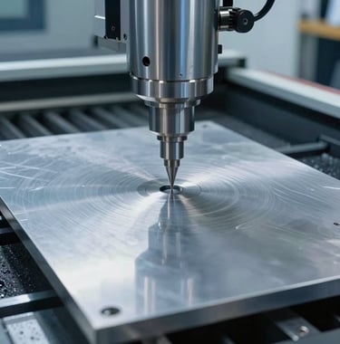 Detailed photography of a modern CNC machine precision-cutting a heavy alloy plate in a North American workshop. The lighting is crisp slate blue with bright white highlights on the metallic surfaces, conveying engineering accuracy.