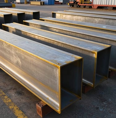 Finished structural steel alloy components organized on a shipping dock at an American industrial plant, ready for transport. The morning sun highlights the clean gold and silver metallic surfaces.
