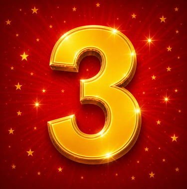 Numéro 3 doré – fond rouge lumineux avec étoiles