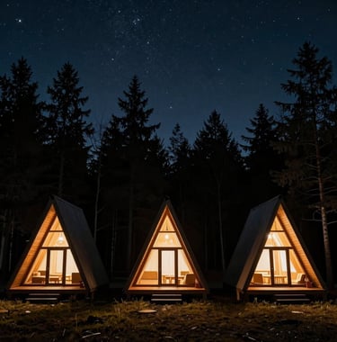 Night shot of three A-frame chalets in a row, glowing like lanterns in a dark charcoal forest under a starry sky, highlighting the architectural silhouette.