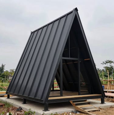 A luxury A-frame chalet nestled deep in a forest of tall trees. The structure features dark wood and charcoal black metallic finishes, creating a harmonious blend with the natural environment.