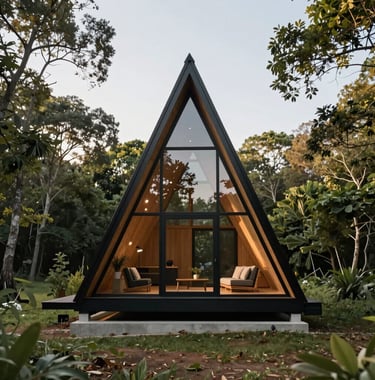 Interior view of a luxury chalet lounge. Minimalist furniture in charcoal black and stone grey. A large glass wall shows a view of a misty forest. The style is premium and tranquil.
