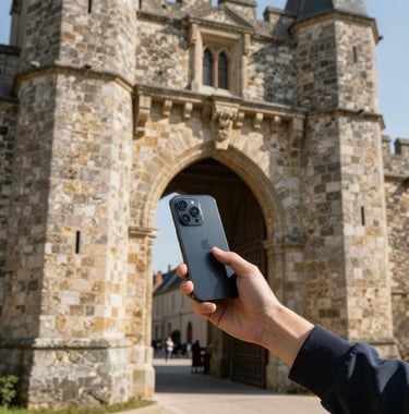 A person pointing a high-end smartphone towards a historic medieval stone gate in France. The lighting is crisp afternoon sun, highlighting the contrast between the ancient stone and modern technology. European / French setting.