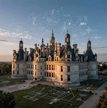 An artistic aerial view of a French castle surrounded by digital geometric patterns representing mapping and engineering, sunrise lighting with soft sky blue and midnight blue tones.