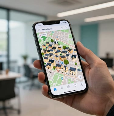 A close-up photograph of a smartphone screen displaying a stylized interactive map of a French village. The phone is held by a professional in a modern European / French office space, featuring clean lines and Muted Teal accents.