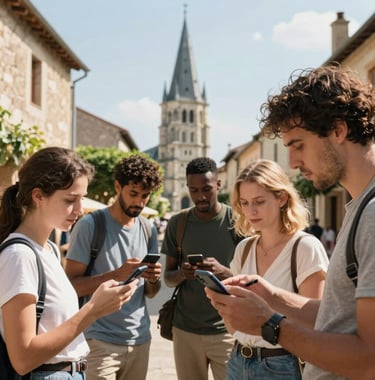A lifestyle shot of a diverse group of tourists in a European / French village looking at a historic monument while using the GAYA app on their phones, bright and inspiring atmosphere.