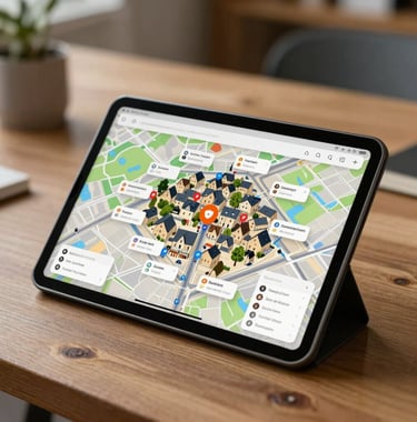 Photography of a modern tablet displaying a map of a French village with interactive points of interest, placed on a wooden table in a professional European / French workspace.