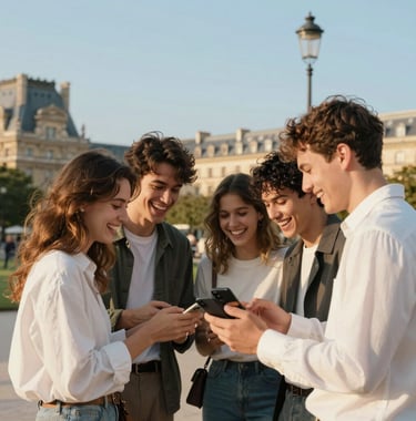 A group of young adults in a French park laughing while interacting with a smartphone. The scene is captured at golden hour, with warm lighting and a background of European / French architecture. Colors include Soft Sky Blue and Clean Off-White.
