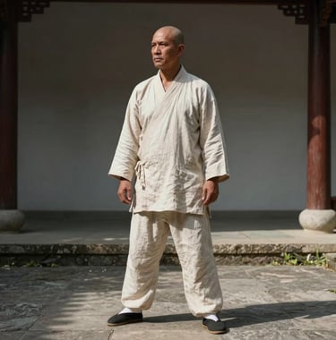 A serene portrait of a Kung Fu master in light linen clothing, standing in a minimalist stone courtyard in Colombia. The master has a peaceful expression. The composition is balanced and artistic, using natural shadows.