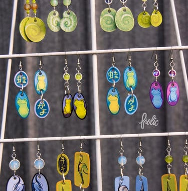 Durable "paper" jewelry featuring tiny artworks. Each is tediously handmade.