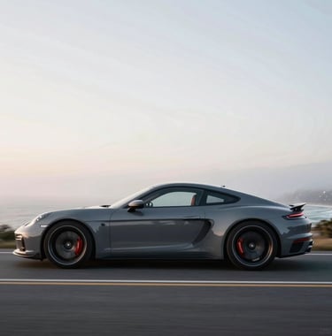 Side profile of a luxury performance vehicle accelerating on a coastal road at twilight. Motion blur creates a sense of high speed against a mist white sky.