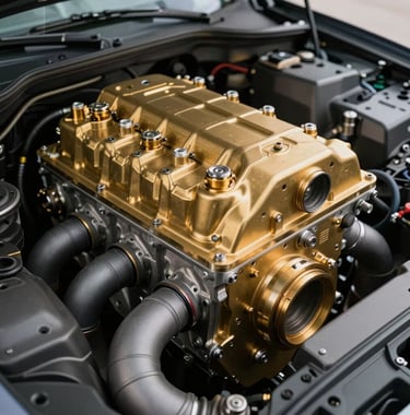 Abstract, minimalist shot of a high-performance engine bay. Focus on burnished gold metal components and anthracite grey pipes, conveying precision engineering.