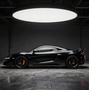 A sharp profile shot of a sleek obsidian black aerodynamic sports car parked under a single spotlight in a dark warehouse.