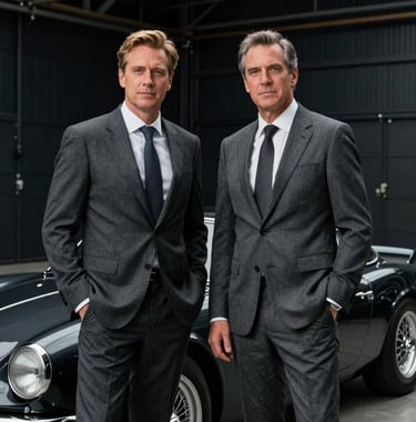 A cinematic medium shot of two confident entrepreneurs in tailored charcoal grey suits, standing in an obsidian black hangar next to a rare classic sports car. The lighting is focused and prestigious.